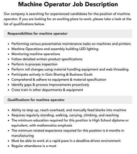 machine operator responsibilities and duties